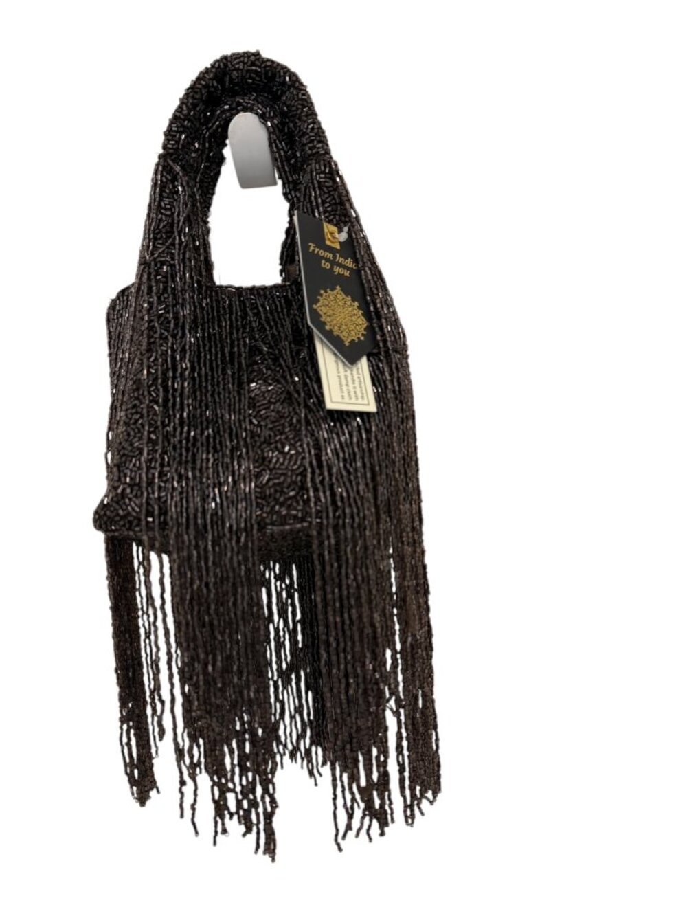 Brown Beaded Fringed Bag From India to You Handmade Long Fringes NWT